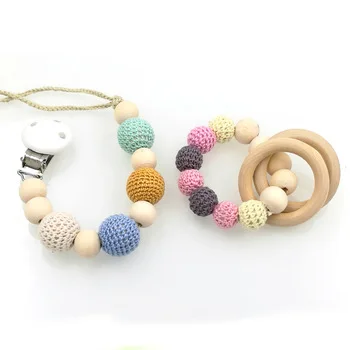 wholesale 15sets  nursing toy set pastel Natural Baby pacifier clip a  Dummy holder Crochet wooden beaded new mommy gift NT129