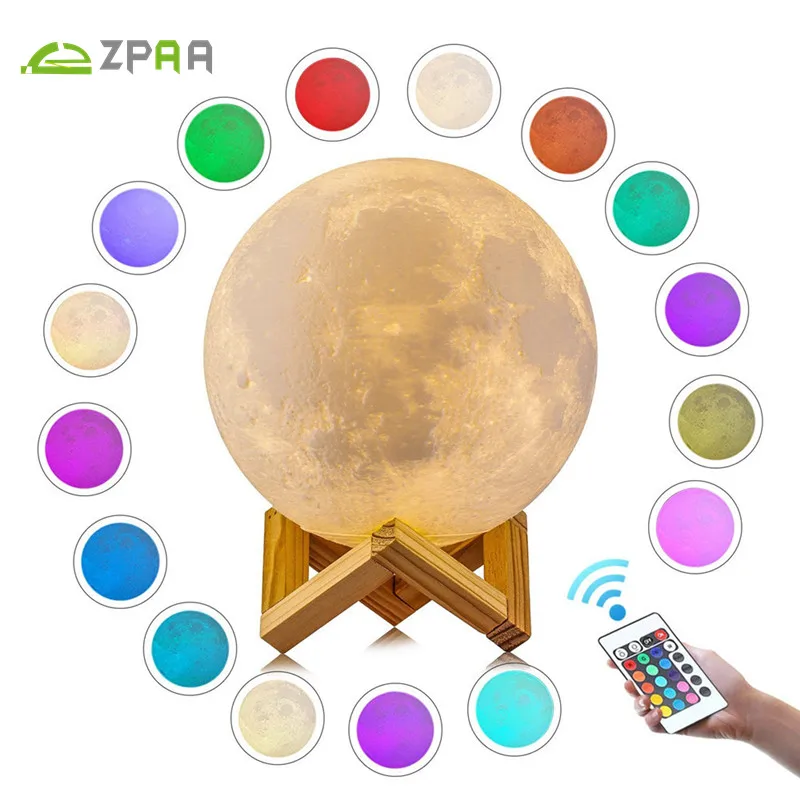 3D Print Moon Lamp Rechargeable 16 2 Color Change Touch Switch Bedroom Night Light Lunar Dimmable