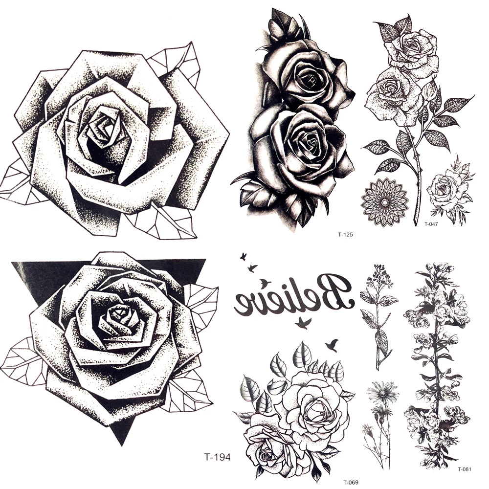 Summer Hot 3d Black Triangle Rose Temporary Tattoo Women Chest Party Sketch Flower Tattoo Sticker Girl Body Arm Fake Tatto Pastetattoo Stickerarm Fakefake Tatto Aliexpress
