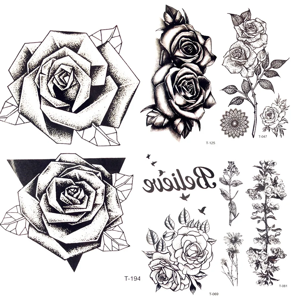 033 24 De Réductionété Chaud 3d Noir Triangle Rose Temporaire Tatouage Femmes Poitrine Fête Croquis Fleur Tatouage Autocollant Fille Corps Bras
