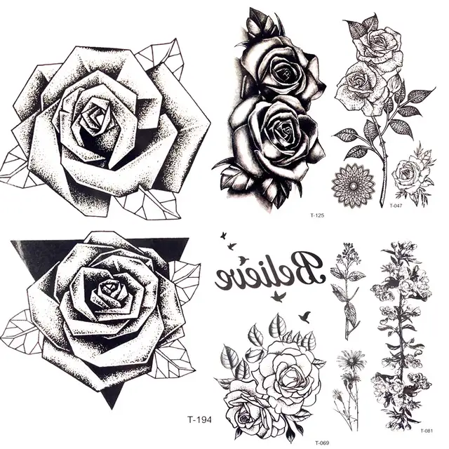 033 24 De Réductionété Chaud 3d Noir Triangle Rose Temporaire Tatouage Femmes Poitrine Fête Croquis Fleur Tatouage Autocollant Fille Corps Bras