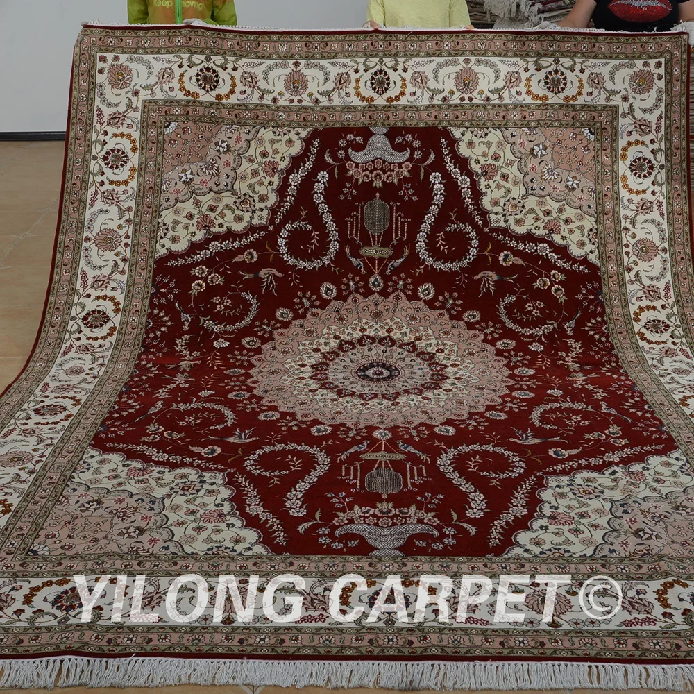 Yilong 8'x10' Turkish wool silk carpet red handmade exquisite wool silk