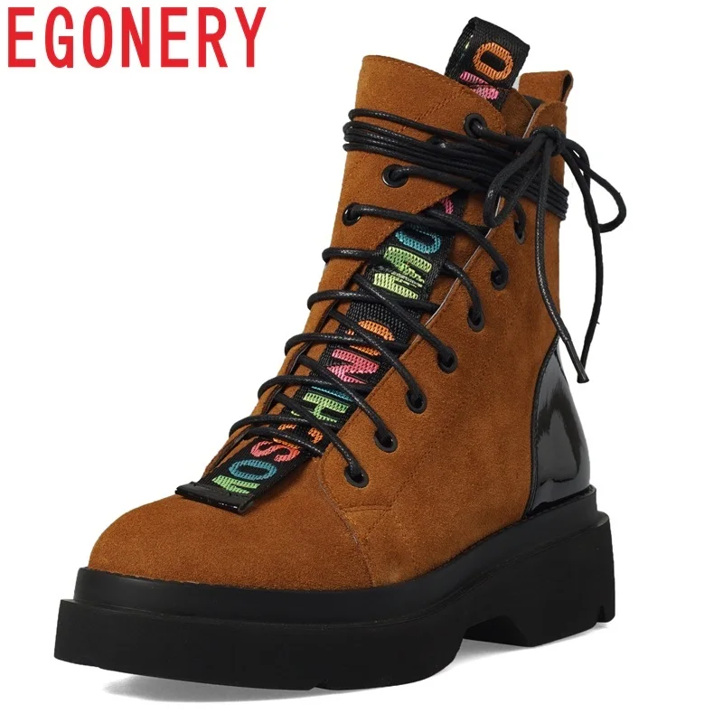 

EGONERY women shoes 2018 new fashion round toe cross-tied zip black and brown genuine leather med square heel mid calf boots