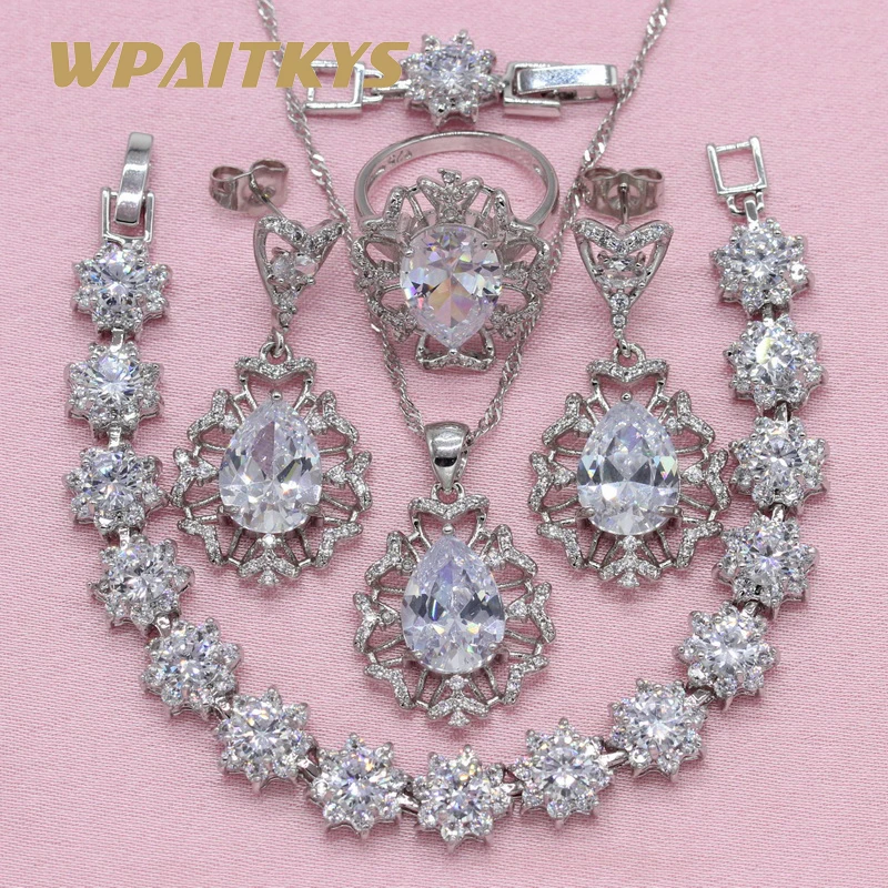 

White Cubic Zirconia 925 Silver Jewelry Sets For Women Wedding Drop Earrings Bracelet Necklace Ring Free Gift Box