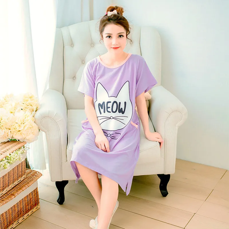 Весенне-летняя Пижама для беременных с принтом кота и короткими рукавами из чистого хлопка; ночная рубашка для кормления; блузка для кормления ребенка - Цвет: Letter Cat Purple