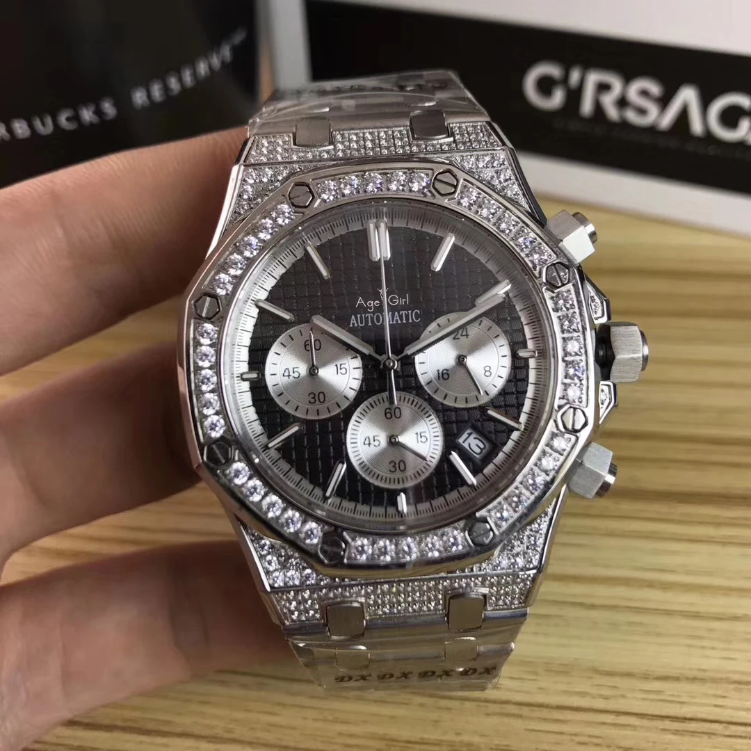 

Top Luxury Brand New Men Watch Quartz Chronograph Moon Phase Sapphire Stainless Steel Full Diamonds Luminous Black Blue Watches