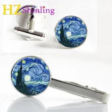 2017 New Van Gogh Painting Clips & Cufflinks Set Glass Cabochon Cufflink Starry Night Over the Rhone Tie Clip Gifts Fans CT-0073