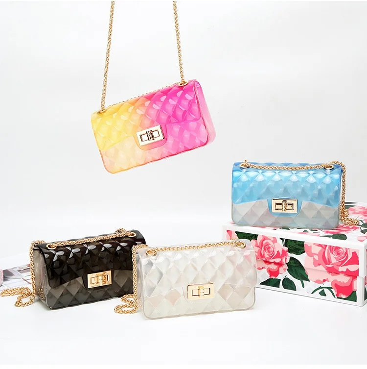 المرأة حقيبة يد منقوشة حقيبة من الجيلاتين PVC شفافة التدرج لون الحلوى Crossbody أكياس مصممة السيدات الكتف سلسلة حقيبة ساعي المرأة حقيبة يد منقوشة حقيبة من الجيلاتين PVC شفافة التدرج لون الحلوى Crossbody أكياس مصممة السيدات الكتف سلسلة حقيبة ساعي