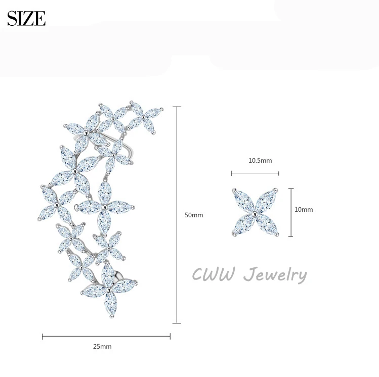 CWWZircons дизайн правый и левый асимметричный дизайн модный бренд Большой кубический цирконий серьги каффы с цветами для женщин CZ294