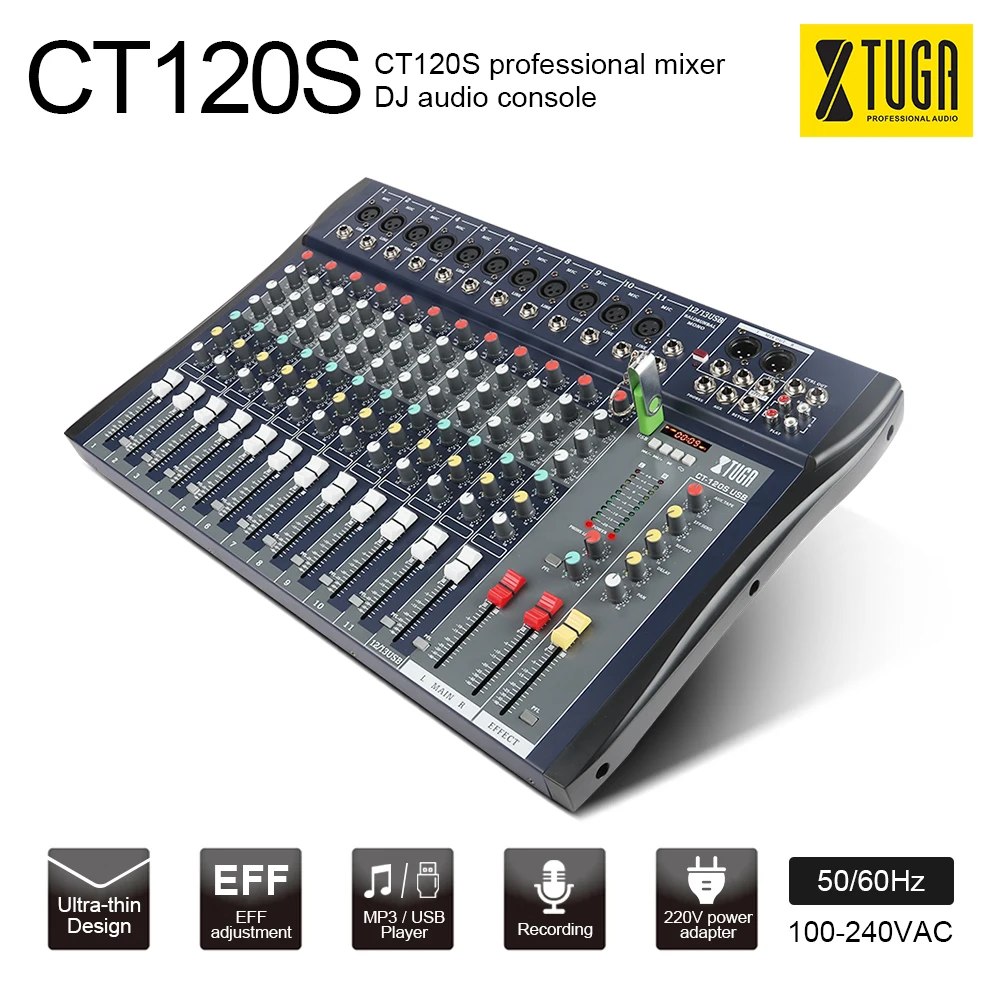 Xtuga CT120S-USB 12 Каналы линия для микрофона Аудио смеситель микшерный пульт USB XLR Сделано в Китае Вход 3-полосный 48В Мощность с Мощность адаптер