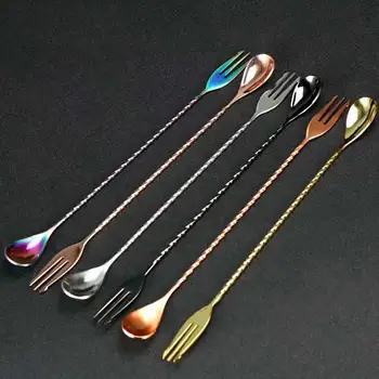 

1PC 2 IN 1 Stainless Steel Mixing Spoon Fruit Fork Spiral Pattern Cocktail Bar Spoon Drink Shaker Spoon Bartender Tool