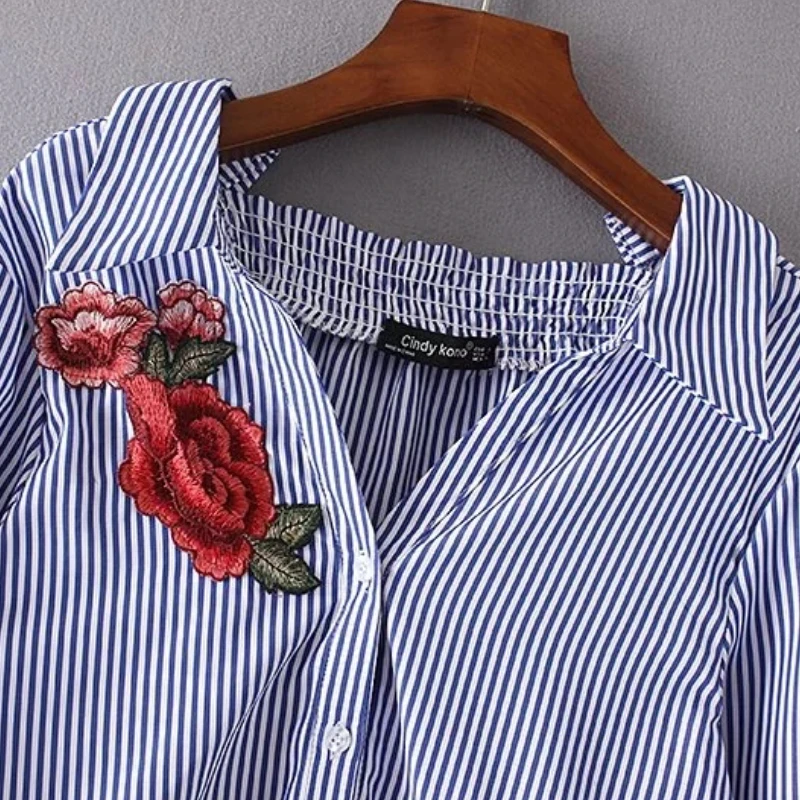 Женская блузка в полоску с цветочной вышивкой и длинным рукавом|blusas fashion|blouse