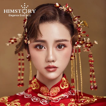 

HIMSTORY Delicate Traditional Chinese Red Plum Blossom Hair Comb Hair Stick Wedding Bridal Hairwear Earring Jewelry Accessories