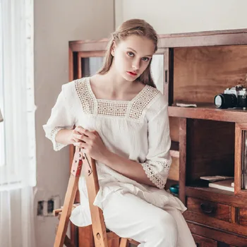 

New Women Sexy Sleepwear Homewear Nightgown Cotton half Sleeve Lace Spring Autumn Pajama Sets Full Length White One size ZY6088