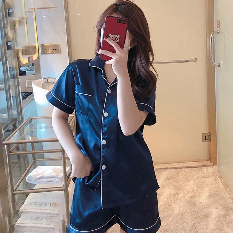 

Summer Women's Pajama Set with Fashion Luxury pajamas Female Faux Silk Two Pieces Shirts + Pants Nighties Sleepwear Home Wear