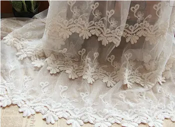 

Ivory lace fabric, retro embroidered gauze lace, vintage lace fabric with scalloped trim by the yard