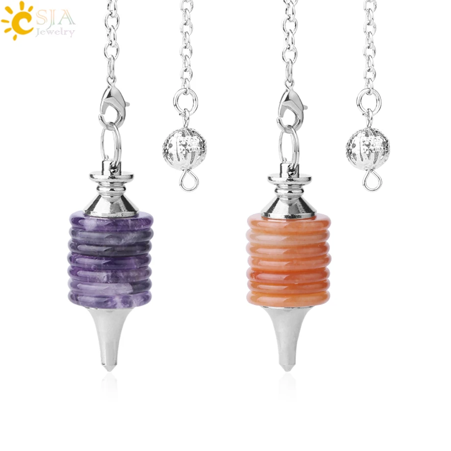 

CSJA Natural Stones Pendulum for Dowsing Divination Round Slab Healing Purple Crystal Tiger Eye Cylindrical Amulet Pendants F907