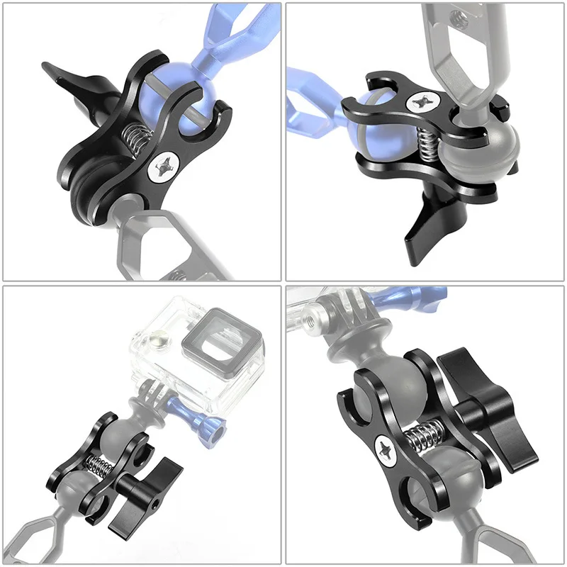 Aluminum CNC 2-Hole Diving butterfly clip Clamp Light Arm Ball Head  Mount Adapter For Gopro Xiaomi Yi Action Camera Tripod Accessories (11)