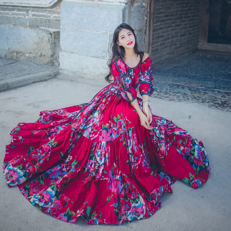 

Indie Folk Style Floral Red Dress Halter Neck Off Shoulder Loose Stylish Midi Dress Women Fashion Dress Vestido Mujer Robe Femme