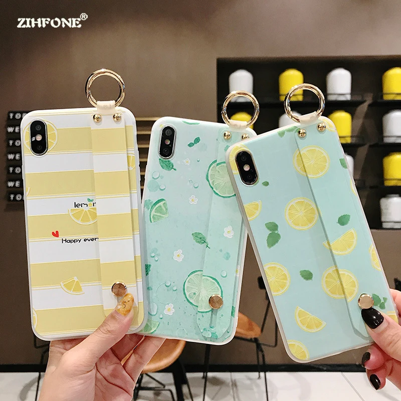

Fundas Wrist Strap Hand Band Case For Samsung Galaxy A10 A20 A30 A40 Fruits Lemon Soft TPU Back Cover Stand Case Coque Capa