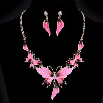 

MINHIN Vintage Pink Butterfly Chain Necklace Delicate Wedding Wings Earring Female Fashion Jewelry Set
