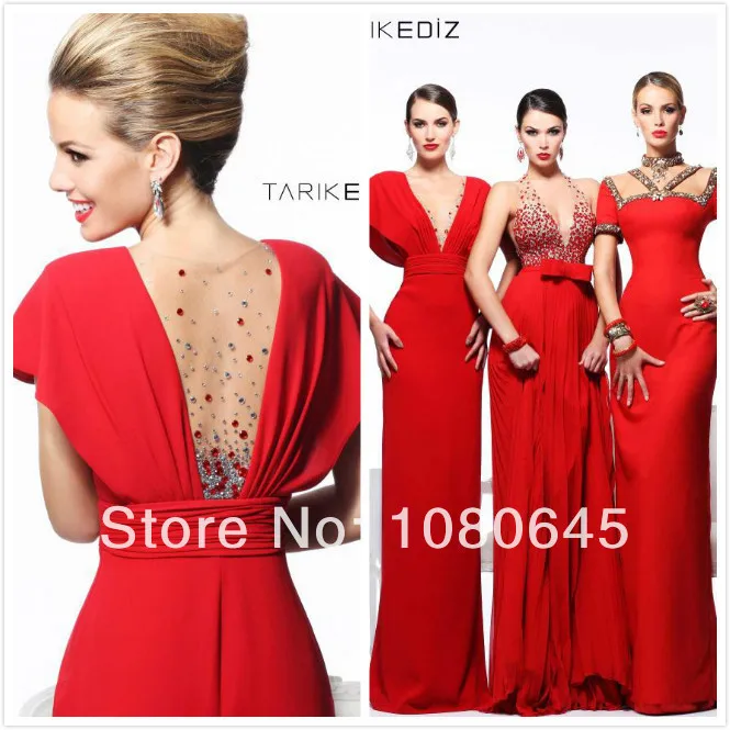 Vestidos De Fiesta Tarik Ediz Red Crystal Cap Sleeve V Neck Long Chiffon Celebrity Mother Evening Gown gowns A1739 | Свадьбы и