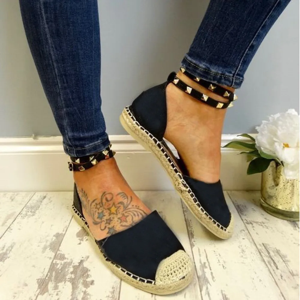 

SAGACE 2019 Fashion Women's Solid Round Flat With Casual Shoes High Quality Flock Rivet Decorative Shoes Bandage Sandals J23
