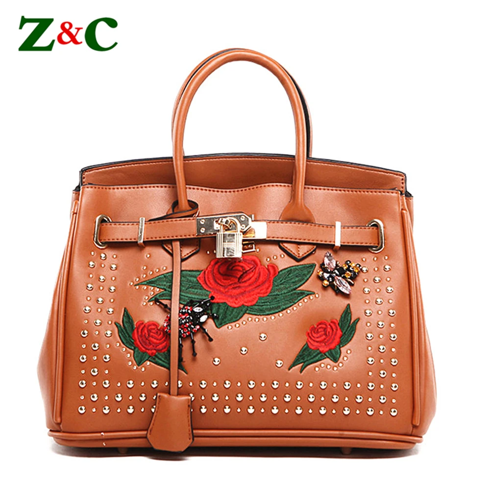 

Luxury Platinum Bags with Lock Women Rivet Leather Handbags Rose Flower Embroidery Shoulder Tote Crossbody Messenger Bag gg Bag