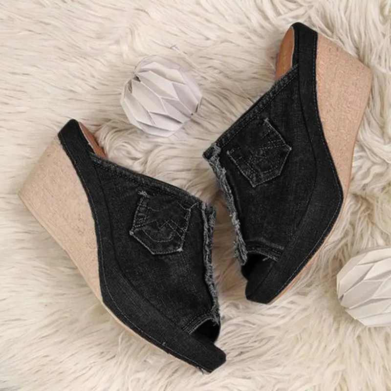 Slipper shoes women summer high heels sandals peep toe denim wedges fashion slipper shoes woman sapato feminino DD281