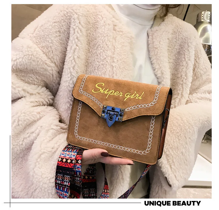 Women's Suede Leather Vintage Handbag Metal Lock Crossbody Bag with Colorful Strap Stylish Girl Red Black Brown Cross Body Purse (5)