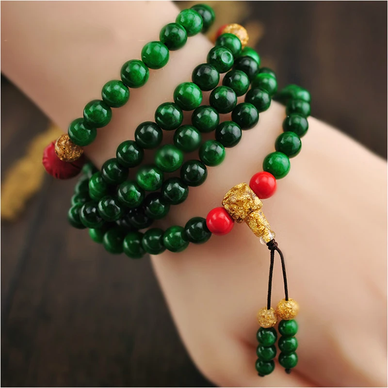 Wholesale Dry Green Stone Bracelets 6mm 108 Buddha Beads With Cinnabar