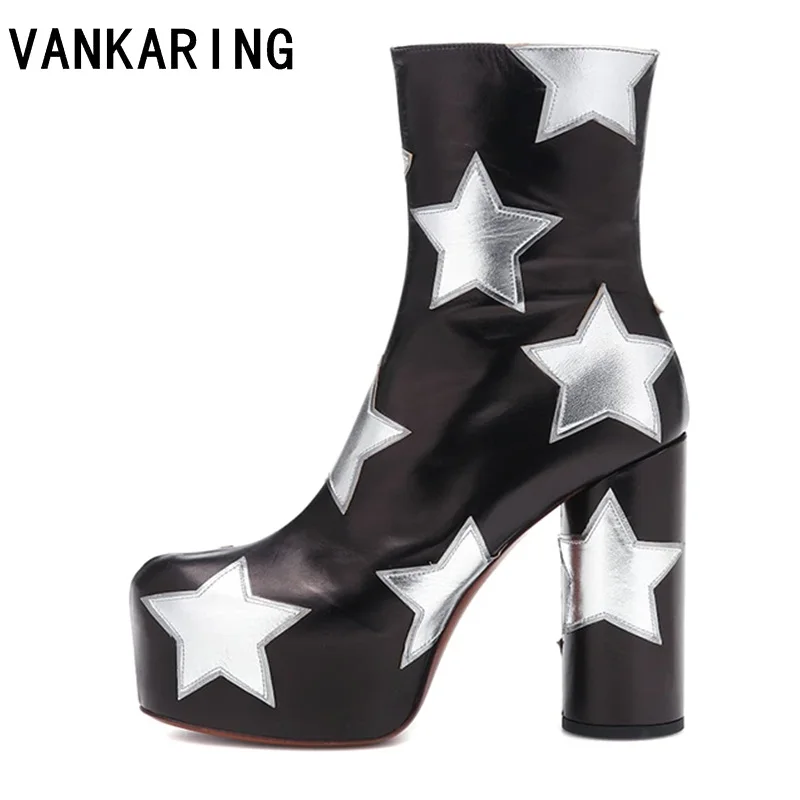 

fashion mixed color genuine leather ankle boots for women round toe platform runway snow boots women high heel wedge pumps woman