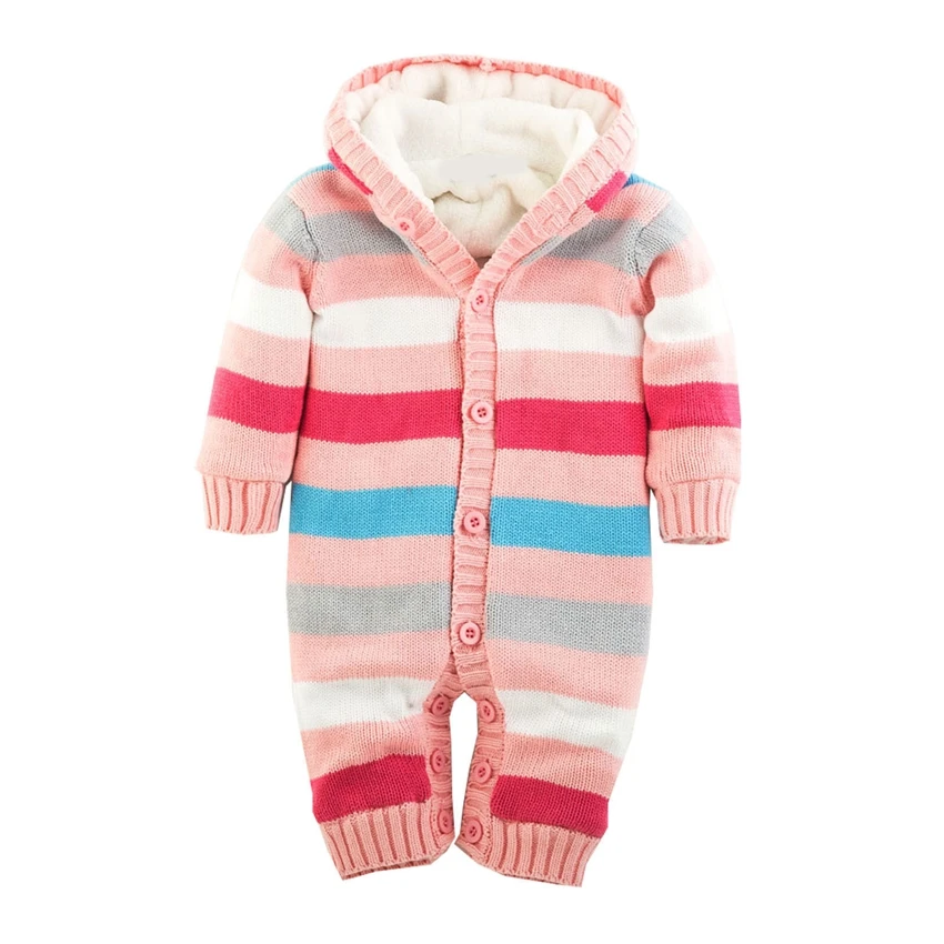 Детские комбинезоны, утолщенный осенне-зимний полосатый трикотажный свитер, теплый комбинезон для маленьких мальчиков и девочек, верхняя одежда с капюшоном, детская одежда для новорожденных