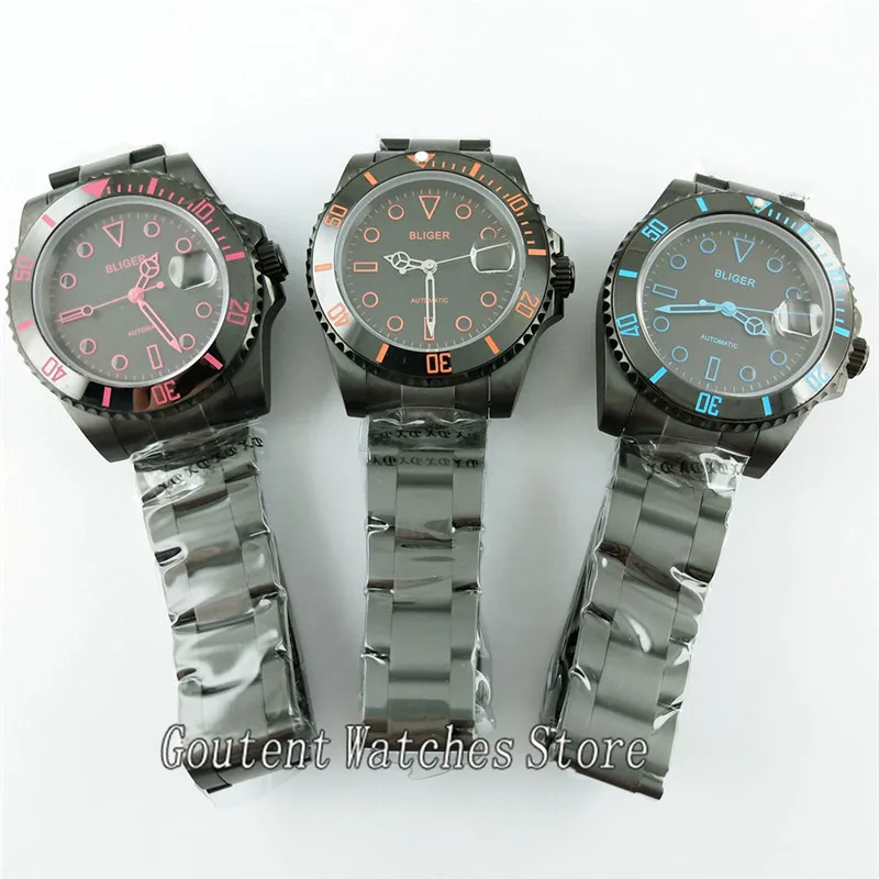 

40mm Bliger Blak Dial Stainless Steel Strap Automatic Men Watch