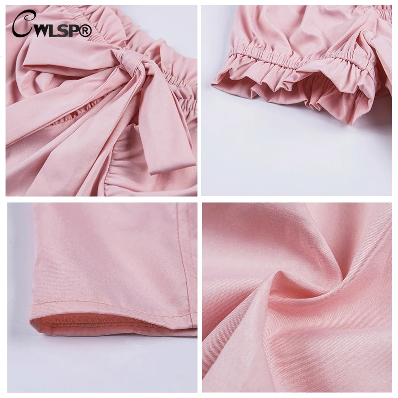 CWLSP Front Bow Tie T-Shirt Slash Neck Off the Shoulder Summer Tube Lettuce-Edge Crop Top Shirt Women T Shirt camiseta feminina