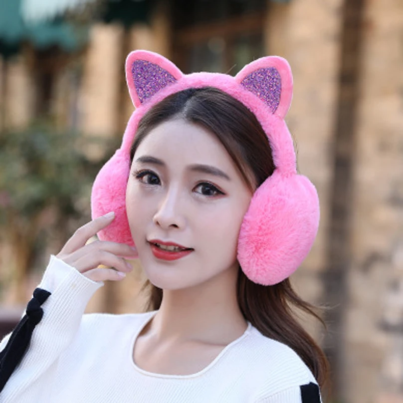 Winter New Ladies Girls Winter Plush Ear Pad Glitter Cat Earmuffs Headband Warmer Outdoor Cute Earmuff