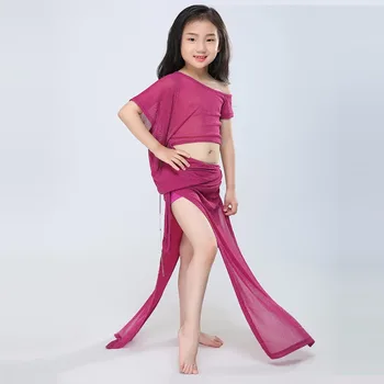 

2018 New Child Belly Dance Costume Silver thread Yarn Short Sleeve Dress For Children Belly Dance Competition Costume Dress