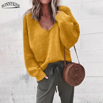 RONNYKISE Sexy V-neck Knitted Sweaters Women Fashion Long Sleeve Casual Tops Autumn Winter Sweaters 10
