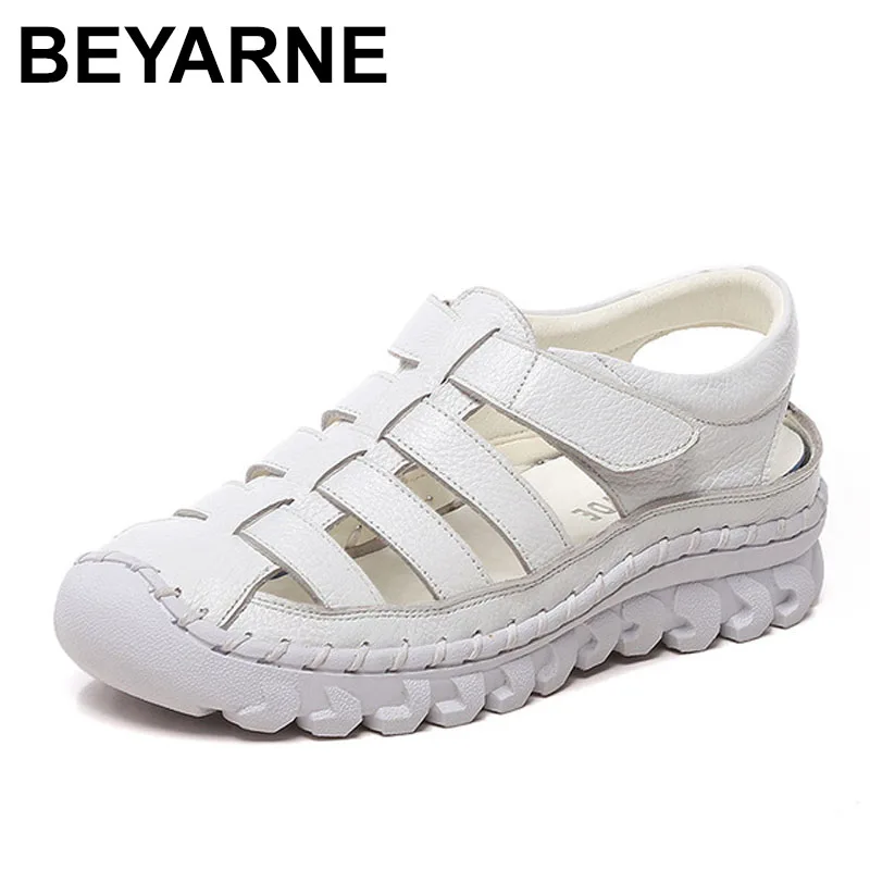 Goedkoop BEYARNE Xiuteng Merk Vrouw Handgemaakte Bloemen Lederen Sandalen Vrouwen Flats Voor Vrouwen Platte met Slipper Dames Zomer Schoenen