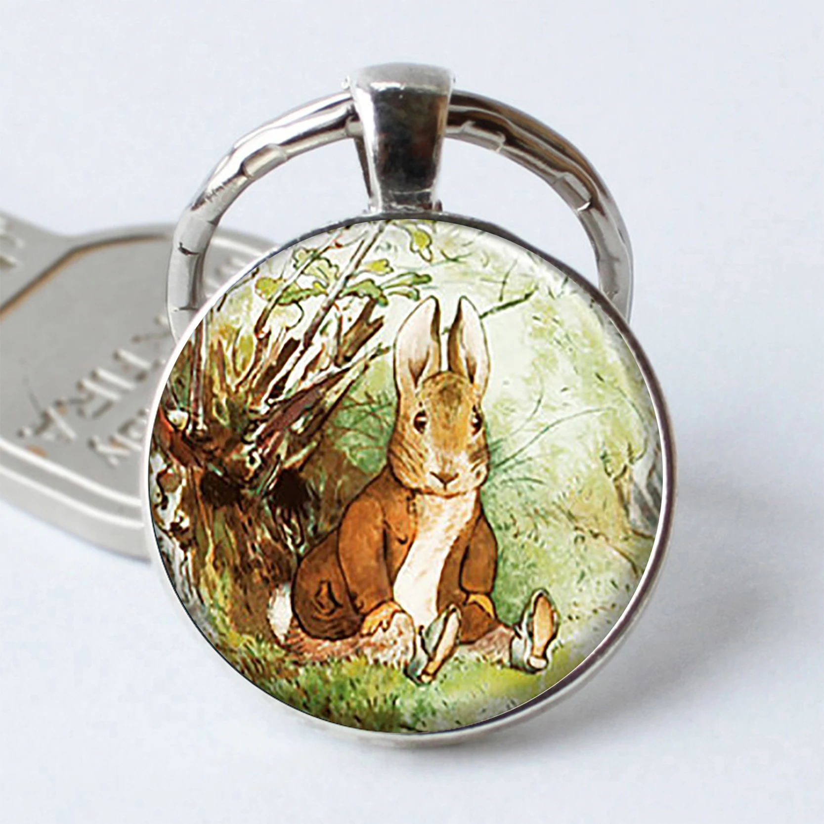 

Benjamin Bunny Keychain Cabochon Keyring Charm Easter Bunny Glass Beatrix Potter Art Gift Oil Painting Key Chain Ring