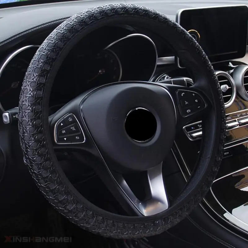 

PU Leather Steering Wheel Cover Black Lychee Pattern with Anti-slip Braiding Style fits 38cm/15" Diameter Universal D / Circle