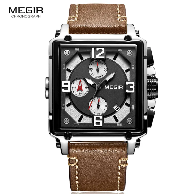 

Megir Leather Strap Army Chronograph Quartz Wrist Watches Men Square Sports Stop Watch Man Clock Relogios Masculino 2061 Brown