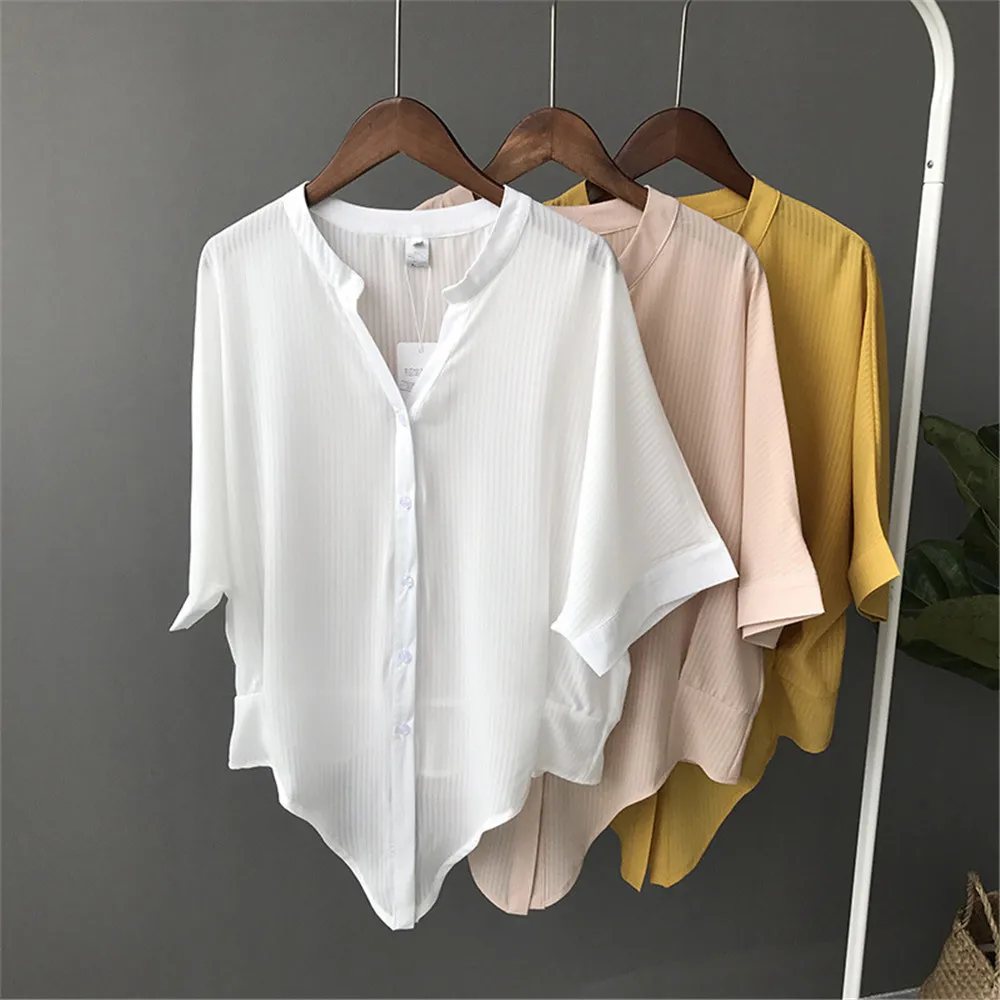 Short Style Loose Chest Women Blouse Shirt 2018 Summer V Neck Casual Short Shirt Chiffon Half Sleeve Dating Blouse campus Shirt (14)