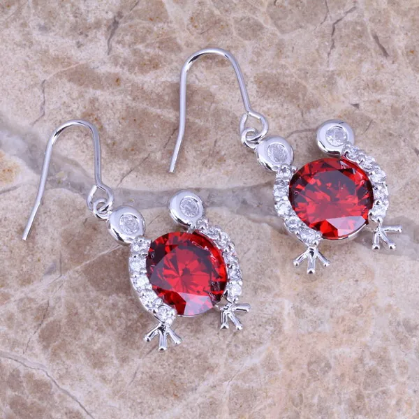 

Red Garnet White CZ Silver Drop Dangle Frog Earrings For Women Free Gift Bag N0884