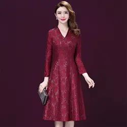 Платье Для женщин темно-красный L-5XL плюс Размеры с длинными рукавами кружевные платья 2019 весна корейский элегантный мама Сексуальная V шеи