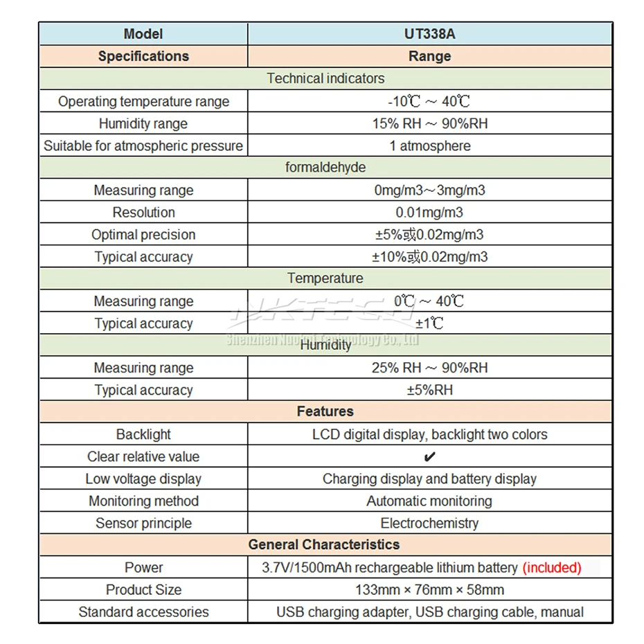 UNI-T UT338A Крытый Формальдегид детектор воздуха монитор высокой точный тестер регистратор данных LCD гигрометр термометр 3,7 V/1500 мАч