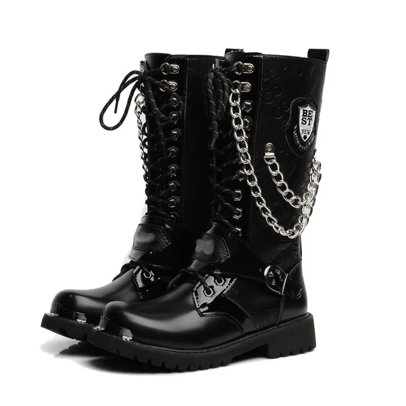 

FIDANEI Army Boots Men High Military Combat Men Boots Mid Calf Metal Chain Male Motorcycle Punk Boots Spring Men's Shoes