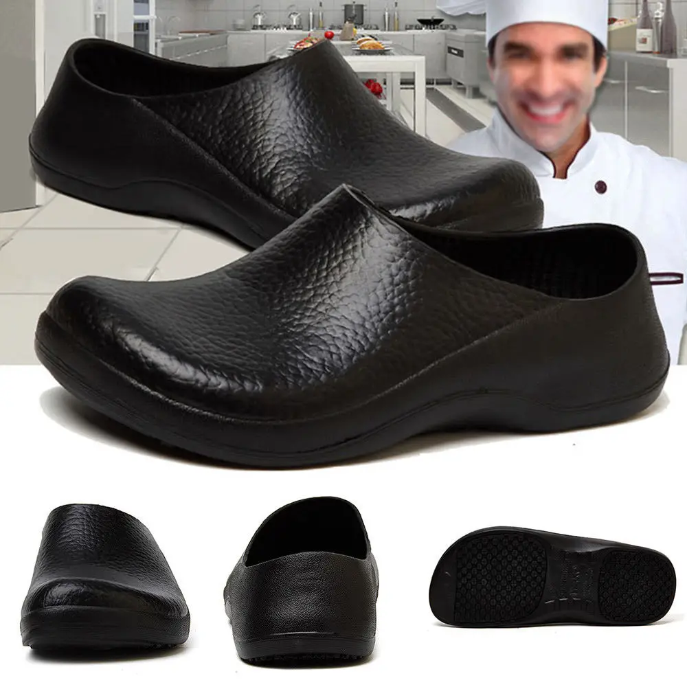 

Mens Chef Shoes in Kitchen Anti-slip Safety Oil & Water Proof Cooking Loafers Black PU Leather New Fashion A503
