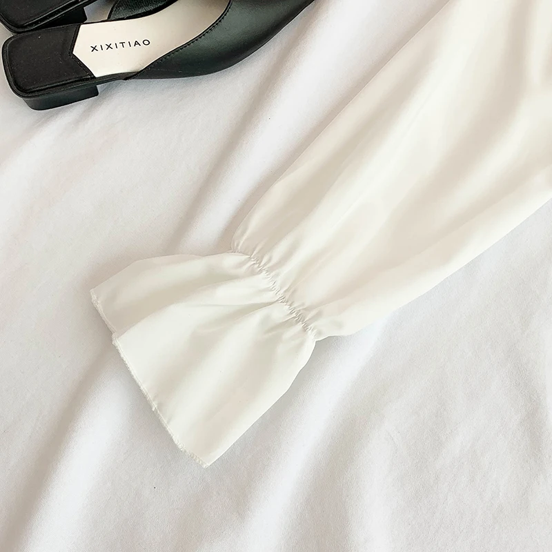 Новая модная женская одежда для взрослых, сексуальная шифоновая короткая рубашка с v-образным вырезом и пышными рукавами с высокой талией