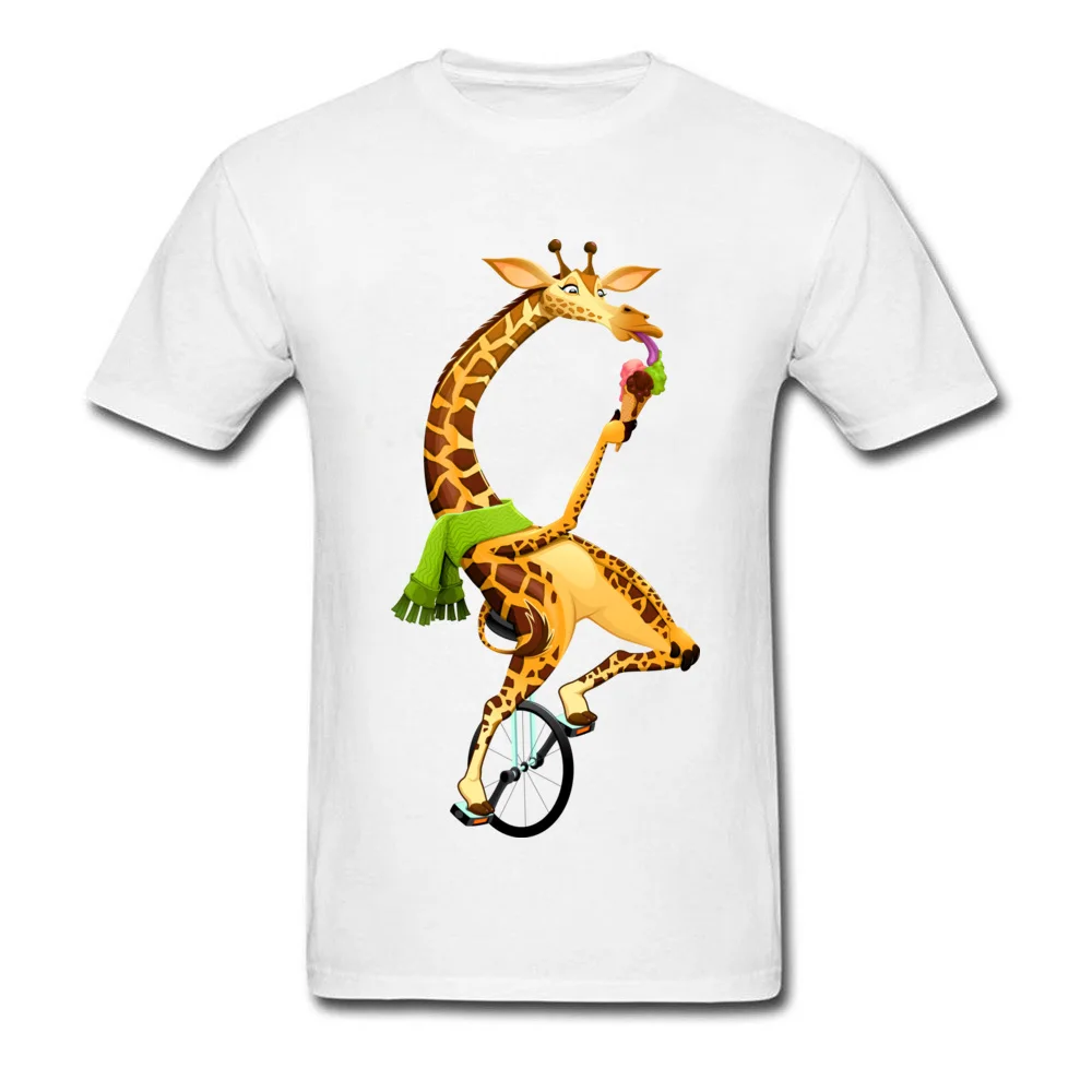 Men Fashion Tops Shirts Crew Neck Labor Day 100% Cotton Tshirts cosie Short Sleeve Funny giraffe on an unicycle Clothing Shirt Funny giraffe on an unicycle white